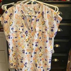 Crown & Ivy Floral Blouse in Blue, Orange, and Yellow